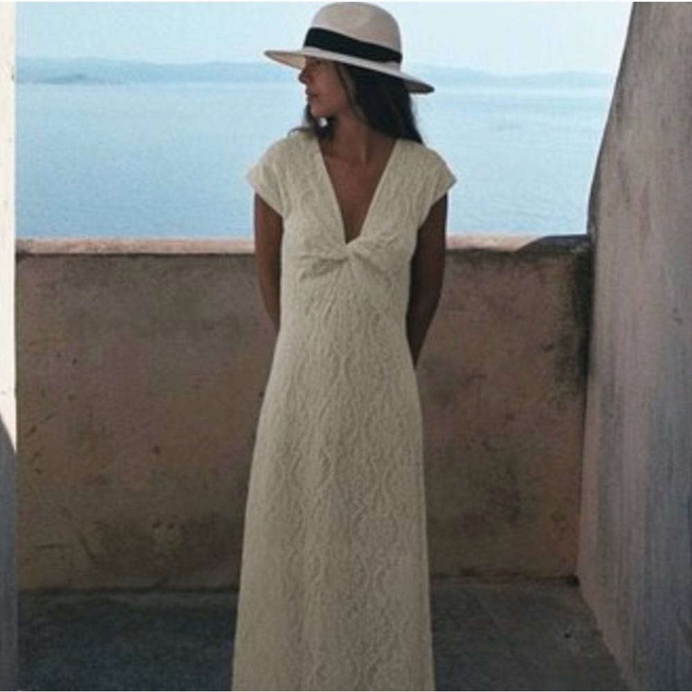 Zara Cream Knotted Jaquard Maxi Lace Dress NWT